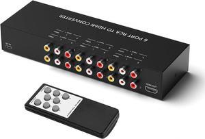 6Port AV to HDMI Converter RCA/Composite/CVBS to HDMI Adapter Support 16:9/4:3 Switch for Wii/N64/PS1/PS2/PS3/VHS/VCR/DVD Players etc (6Port RCA in to 1 HDMI Converter with IR Remote)