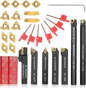 Lathe Turning Tool 21Pcs Kit 5/8'' 16mm Shank 7 Pcs Metal Lathe Tool Holder Set with 14 Pcs Turning Inserts for Turning Grooving Threading Boring Carbide Inserts Carbide Turning Tool