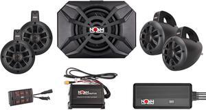 NUTV4-S Quad - Marine Bluetooth ATV/Golf Cart/UTV Speakers Stereo System | Two amplifiers - Four Channels Amplifier and Mono Amplifier | Four Tower Speakers | NSUB.2 Subwoofer