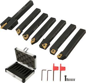 Indexable Carbide Tools 1/4" Industrial Lathe Tools 7Pcs/Set Turning Tool Set Super-hard 40cr Mental Lathe Tools Inserts Carbide Tool Holder for Lathe in Black with Portable Case