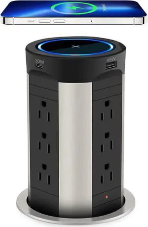 Pop Up Receptacle Countertop Outlet,75W Power Delivery,Total 90W Pop Up Outlet with 15W Wireless Charger,12 Outlets,4 USB,1200J Black