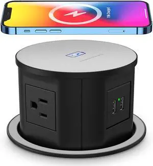 Pop up Power Outlet with 15W Wireless Charger,Pop up Electrical Outlets for Countertops,4.7'' Diameter Round Pop Up Counter Outlet with 4 Outlets,2 USB,Hidden Outlet,Pop Out Outlet Black