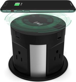 Pop Up Outlet for Countertop, Recessed Power Strip with 4 AC Outlets, 2 USB A, 2 USB C Pop Up Socket, Wireless Charger Station for Kitchen Conference Workbench, ETL Listed