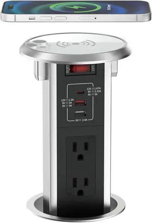 Pop up Outlet for Countertop with 15W Wireless Charger, 4" Hole Hidden Recessed Pop Up Socket,PD 20W USB C,2 TR AC Plug,2 USB A Desk Charging Station for Conference Kitchen Workbench