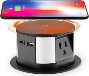 Wireless Charging Pop Up Outlet 10W Fast Induction Charger with Type-C USB, 3 Power Outlets 15A, 2 USB Ports 3.0A, Splash Resistant, Matt Black Finish, for Kitchen Counter Island, Office