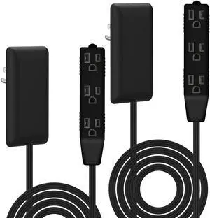 Flat-Face Outlet Extender with 3 Receptacles, Ultra-Thin Wall Plate Plug with Cord Extender and 3-Outlet Power Strip, 8ft Cord, LWE8-315-BK2P, Black, 2 Pack