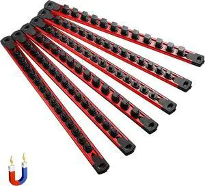 6-Piece Magnetic Socket Organizer, Heavy Duty Aluminum Socket Rails Organizer, 360° Swivel Clips Socket Holder Kit for Tool Box, 1/2, 3/8, 1/4-Inch Socket Holder x 80 Clips (Red)
