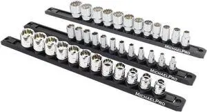3-Piece Quick Lock Magnetic Socket Organizer Rail Set- 1/4-inch, 3/8-Inch, and 1/2-Inch Drive Tool Socket Organizers, Hold 36 Sockets, Heavy Duty Aluminum Magnetic Socket Storage | MP014040