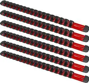 Aluminum Socket Organizer Kit with Locking End Caps (6pc Set) | Fits 108 3/8-Inch Chrome and Impact Sockets | Fits Deep and Shallow Sockets | Professional Quality Socket Rail (Red)