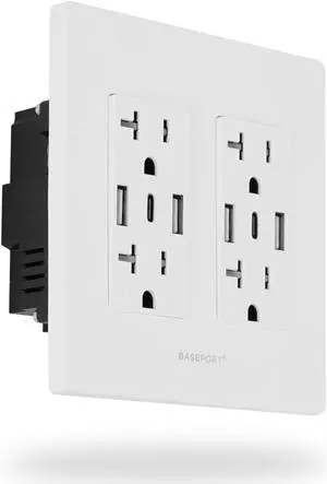 Wall Outlet with USB Ports - 125V 20 Amp Outlet, 5V/6A USB Outlets Receptacles, Dual USB-A, 1 USB-C, Double Gang White Faceplate