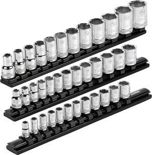 60053-3-Piece Black Magnetic Socket Organizer Set - Aluminum Rails Store up to 12 Sockets Each and Keep Your Tool Box Organized