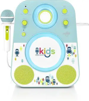 Machine Kids SMK250BG Mood LED Glowing Bluetooth Sing-Along Speaker with Wired Youth Microphone Doubles as a Night Light, Blue/Green