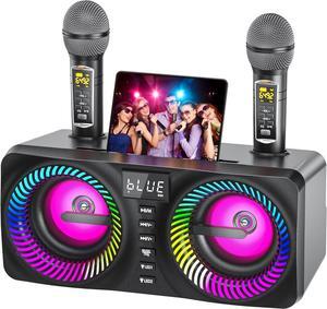 Machine for Adults Kids with 2 Wireless Microphones, Portable Bluetooth Speaker with 9 Modes Dynamic LED Lights, Karaoke Speaker with PA System Bass/Echo/USB/TF/AUX for Home Birthday Party