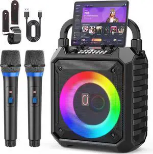 Machine with Two Wireless Microphones, Portable Speaker with LED Lights for Kids and Adults, Supports Bluetooth/USB/TF/AUX for Party