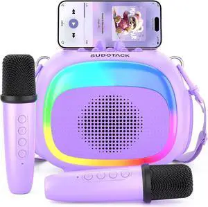 Mini Karaoke Machine for Kids, Portable Bluetooth Karaoke Speaker with 2 Wilreless Microphones with LED Lights, Birthday Kids Toys Gifts for Girls 4, 5, 6, 7, 8, 9, 10 +Year Old-Purple(KM100)