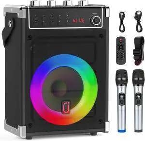 Karaoke Machine with 2 Wireless Microphones, Portable Bass/Treble Bluetooth Speaker with LED Light, Support TWS, AUX in, FM, REC PA System with Remote Control, Supply for Party/Adults/Kids