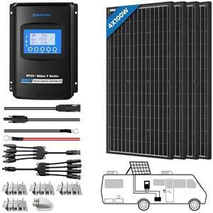 400 Watt 12 Volt RV Solar Panel Kit 4 * 100W Solar Panels+40A MPPT LCD Charge Controller+Mounting Z Brackets+Adaptor Kit+Tray Cables Set,Solar System Complete Kits for RV,Boat