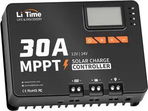 30 Amp MPPT 12V/24V/Auto DC Input Solar Charge Controller Build-in Bluetooth Module, Parameter Adjustable LCD Display LED Indicators Solar Panel