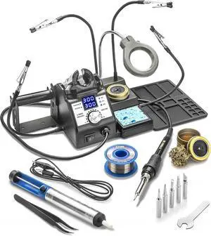 3060-PRO  75W Soldering Iron Station Kit  5 Extra Tips  Mini Mag Lamp  4 Helping Hands  Solder Sucker  Tweezers  50g Solder  Brass Sponge w/Flux  Sleep Func, °C/°F, 3 Temp Presets!