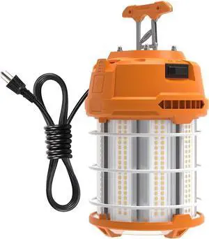 LED Temporary Work Light 100W 12500LM 300W HID/HPS 5000K, Portable LED Jobsite Light with Stainless Steel Safety Guard and Sturdy Hook for Construction Sites, Workshop(with an ON/OFF Switch)
