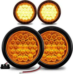 4pc 4" Round Amber 24 LED Trailer Tail Lights [DOT certified] [Grommet & Plug Included ] [IP67 Waterproof] Park Turn Trailer Lights for RV Trucks