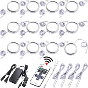 Small LED Puck Lights for Uplight or Downlight, 120V Hardwired & Plug in Cabinet Lights Kit, Wireless RF Remote Control Dimmable, Daisy Chained Linkable, White Wires, Daylight, 12 Lights