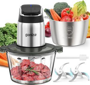 Food Processor, 2-Speed Food Chopper Meat Grinder with 8 Cup Stainless Steel & 8 Cup Glass Bowls, Upgraded Button & Smart Overheat Protection Light - Includes Clean Brush, 2 Sets of Blades
