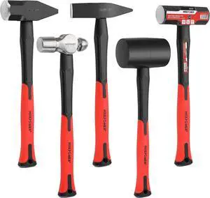 5-Piece Hammer Set - 3LB Sledge & Cross Peen, 500g Chipping, 32oz Ball Peen & 24oz Rubber Mallet