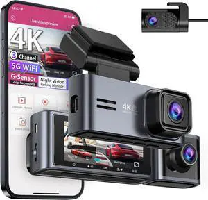 Dash Cam 5G WiFi GPS, 3 Channel Dash Cam Front and Rear Inside 2K+1080P+1080P, 3.18" LCD Screen, 64GB Card Included, Dual Dash Camera for Cars 4K/2K/1080P+1080 P IR Night Vision, WDR, G-Sensor