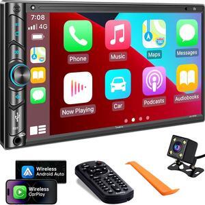 Double Din Car Stereo Compatible with Voice Control  Carplay - 7 Inch HD LCD Touchscreen Monitor, Bluetooth, Subwoofer, USB/SD Port, A/V Input, AM/FM Car Radio Receiver, Backup Camera