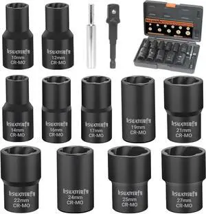 Bolt Nut Extractor Set, 13 PCS Easy Out Bolt Extractor Set, 1/2-Inch Drive Lug Nut Remover Socket Tool for Damaged, Frozen, Studs, Rusted, Rounded-Off Bolts & Nuts Screws
