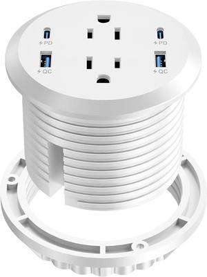 Desktop Power Grommet, 65W USB C Fast Charging Port, Flush Mount Recessed Power Strip 3-inch Hole,2 Outlets,4 USB Ports, Countertop Outlet (White, 65W USB Port)