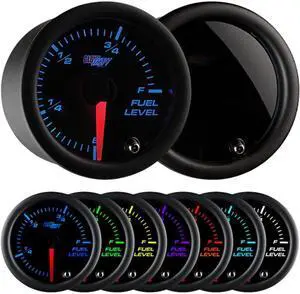 Tinted 7 Color Adjustable Fuel Level Gauge - Black Dial - Smoked Lens - for Gas & Diesel Vehicles - 2-1/16" 52mm