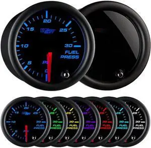 Tinted 7 Color 30 PSI Fuel Pressure Gauge Kit - Includes Electronic Sensor - Black Dial - Smoked Lens - for Diesel Trucks - 2-1/16" 52mm