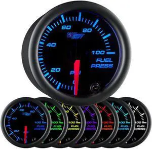 Black 7 Color 100 PSI Fuel Pressure Gauge Kit - Includes Electronic Sensor - Black Dial - Clear Lens - for Car & Truck - 2-1/16" 52mm