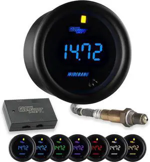 Black 7 Color Digital Wideband Air/Fuel Ratio AFR Gauge Kit - Includes Oxygen Sensor, Data Logging Output & Weld-in Bung - Multi-Color LED Display - Clear Lens - 2-1/16" 52mm