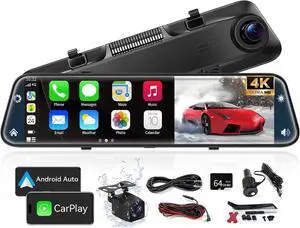 4K Rear View Mirror Camera with Carplay&Android Auto,12" Mirror Dash Cam Front and Rear with Voice Control for Cars&Trucks,Smart Touch Screen,64GB Card Included/Parking Monitor/Reverse Assist