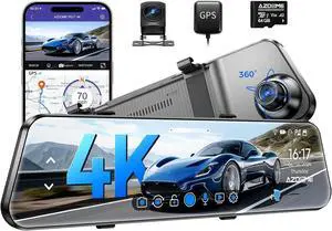 PG17 4K 12" Mirror Dash Cam Front and Rear, WiFi Rear View Mirror Camera with 64GB Card, Waterproof 1080P Rear Camera, GPS, Voice Control, WDR Night Vision, Driving Assistant