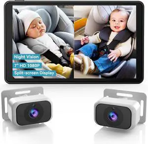 Baby Car Camera for 2-Kids: 7 Inch IPS Display with Dual Carseat Camera, Split Screen, Night Vision, HD 1080P - Easy Install Rear Facing Backseat Camera for Twins
