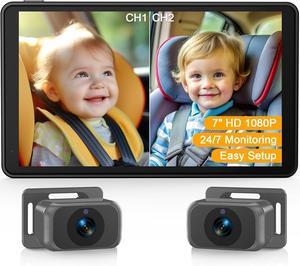 Baby Car Camera for 2 Kids - 7-Inch Split-Screen Monitor, Dual HD 1080P Cameras, Night Vision, 360° Rotatable, Easy Install Backseat Camera for Safety & Convenience - Perfect for Twins or Siblings