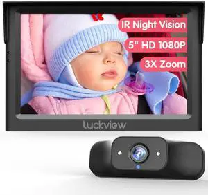 BM1 Baby Car Camera, 5'' 1080P Mirror Monitor with IR Night Vision, 3X Zoom in Closer, Full Crystal Clear View for Back Seat Rear Facing, 5 Mins Easy Installation Wired
