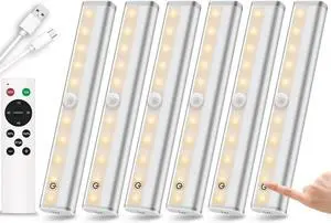 Remote Control Under Cabinet Lighting Wireless 6 Pack, 20-LED Dimmable Closet Lights Rechargeable Under Counter Light, Stick on Touch Night Light Strip Bar for Kitchen Stairway Bedroom, 3 Colors
