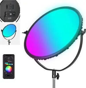 RGB LED Round Panel Video Light with APP Control, 65W 6000Lux/0.5m 2500K-8500K RGBCW Photography Studio Lighting /18 Scenes/V Battery Powered for Outdoor Filming Recording Streaming, GR18C