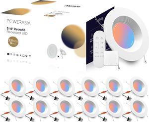 12 Pack 5/6 Inch LED Can Lights Retrofit RGB Recessed Lighting, 12W 1200LM Smart LED Recessed Lights, 2700K-6000K Color Changing Compatible with Alexa/Google Assistant/Siri, Hub INCL