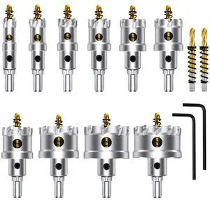 12PCS TCT Hole Saw Kit for Hard Metal, 5/8"-2-1/8" Inch Tungsten Carbide Tipped Hole Cutter Set with Titanium-Plated Pilot Drill bit for Metal, Stainless Steel, Iron, Wood, Plastic