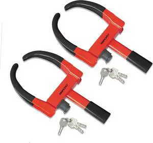 Wheel Lock Universal Trailer Wheel Lock Adjustable Security Tire Boot Lock Anti Theft for ATV RV SUV Car Golf Cart Boats Motorcycles Great Deterrent Bright Black-Red, 2 Packs 6 Keys Alike