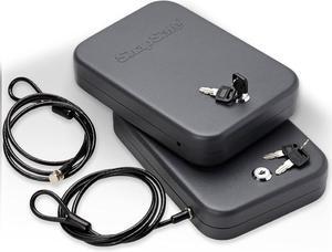 Portable Lock Box for Guns and Valuables, 2 Pack - Includes 2 Lock Boxes (Keyed Alike), 4 Keys and 1500 Pound Patented Security Cable - Thick 16-Gauge Steel - An Ideal Car Gun Safe