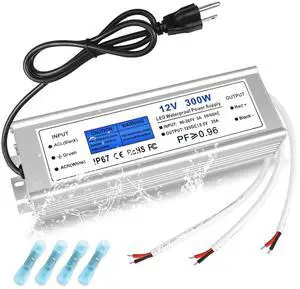 LED Driver 300 Watts, IP67 Waterproof 12V Power Supply, AC 90-140V to DC 12V 25A Low Voltage Transformer with 3-Prong Plug 3.28ft Cable for LED Lights, Computer Project, Outdoor Use
