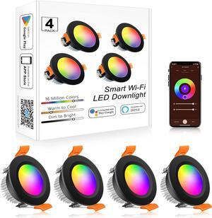 Smart 2 Inch Recessed Lighting, WiFi LED Downlight 5W 120V, Compatible with Alexa and Google Home, Dimmable RGB & CCT 2700-6500K, Black Trim, LED Ceiling Light with Driver (4 Pack)