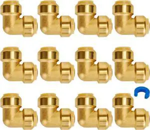 12-Pack PEX Elbow, 3/4-Inch Push Fit 90-Degree Plumbing Fitting Pipe Connector with Disconnect Clip, Push-to-Connect, Copper, CPVC, No Lead Brass
